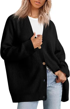 Women's Oversized Cardigan 2023 Button Down Open Front V Neck Solid Cardigans Chunky Knit Loose Casual Dropped Sweaters