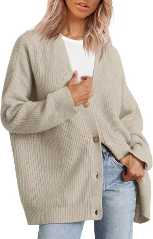 Women's Oversized Cardigan 2023 Button Down Open Front V Neck Solid Cardigans Chunky Knit Loose Casual Dropped Sweaters