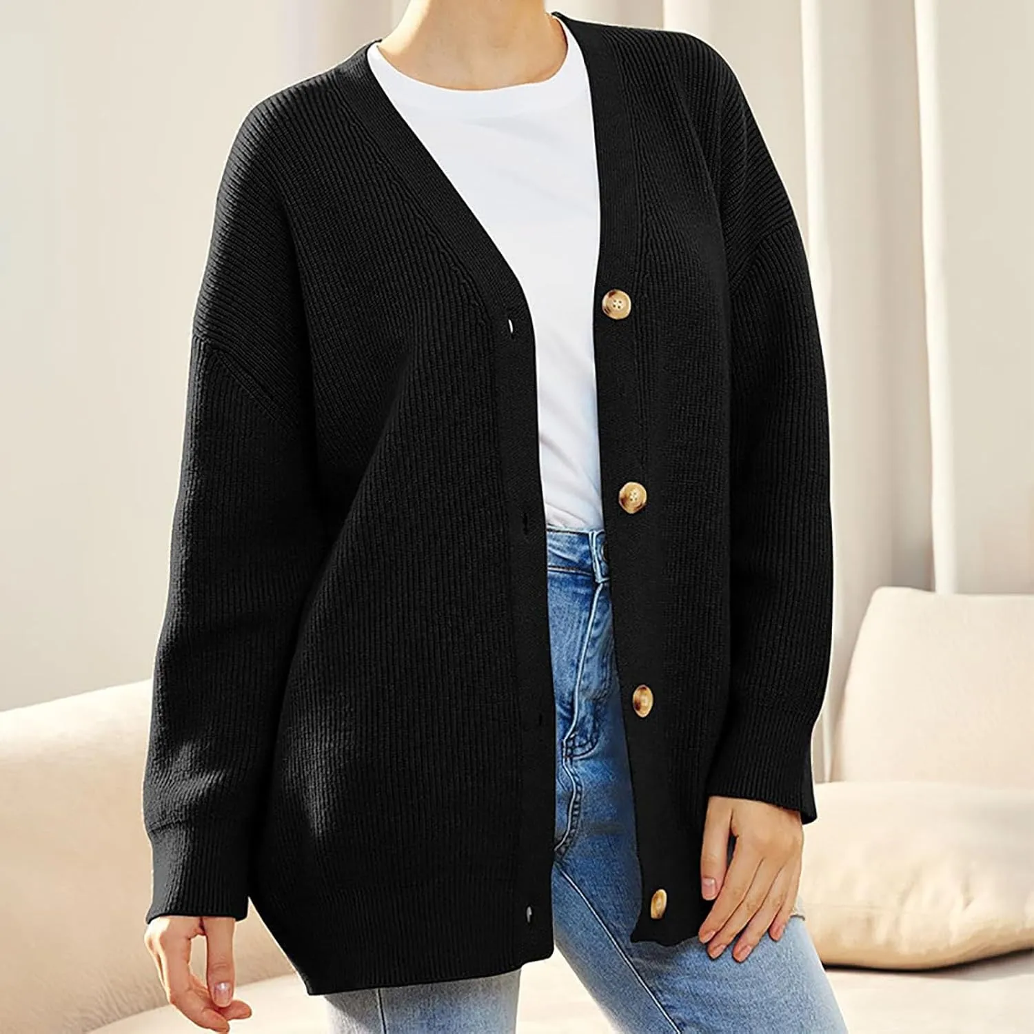 Women's Oversized Cardigan 2023 Button Down Open Front V Neck Solid Cardigans Chunky Knit Loose Casual Dropped Sweaters