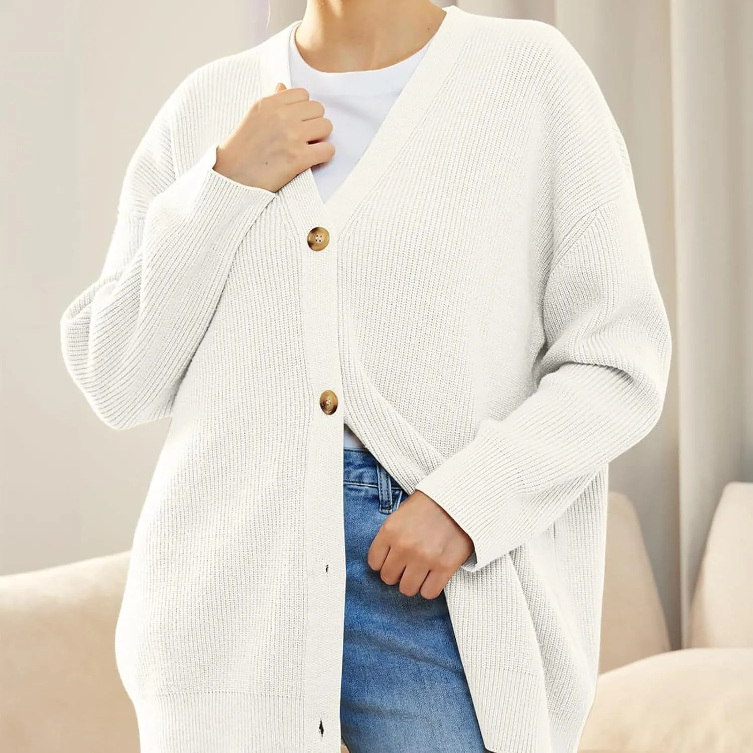 Women's Oversized Cardigan 2023 Button Down Open Front V Neck Solid Cardigans Chunky Knit Loose Casual Dropped Sweaters