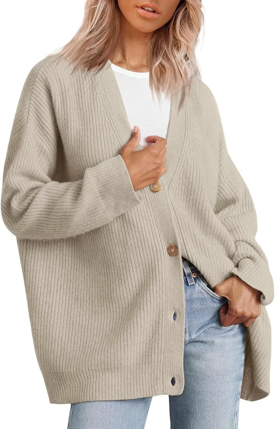 Women's Oversized Cardigan 2023 Button Down Open Front V Neck Solid Cardigans Chunky Knit Loose Casual Dropped Sweaters