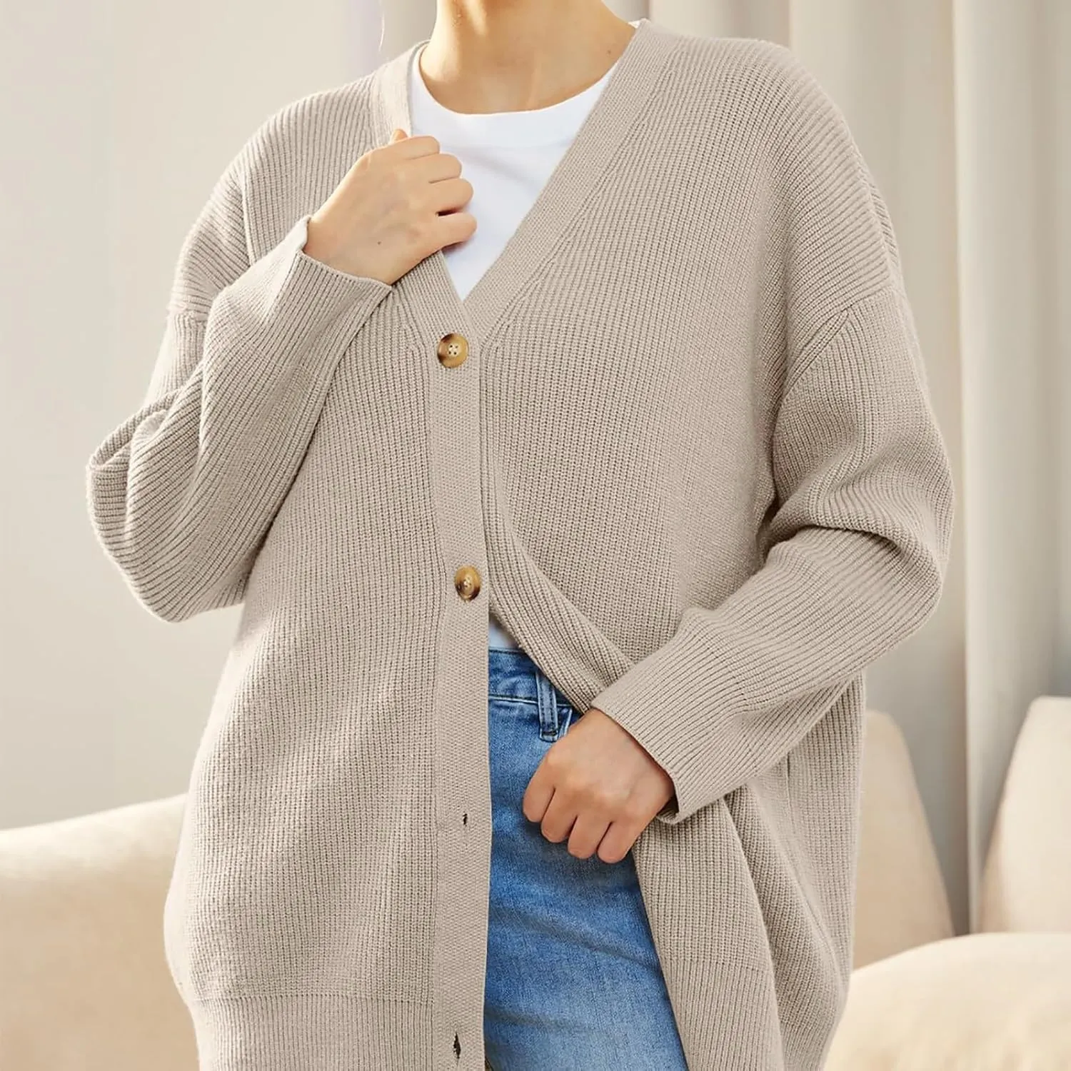 Women's Oversized Cardigan 2023 Button Down Open Front V Neck Solid Cardigans Chunky Knit Loose Casual Dropped Sweaters