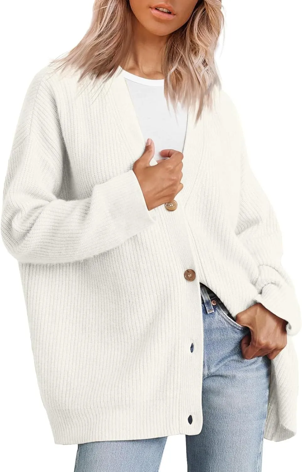 Women's Oversized Cardigan 2023 Button Down Open Front V Neck Solid Cardigans Chunky Knit Loose Casual Dropped Sweaters