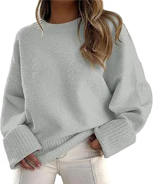 Womens Oversized Crew Neck Sweater Long Sleeve Solid Color Pullover Sweaters Casual Knit Top Trendy Outfits