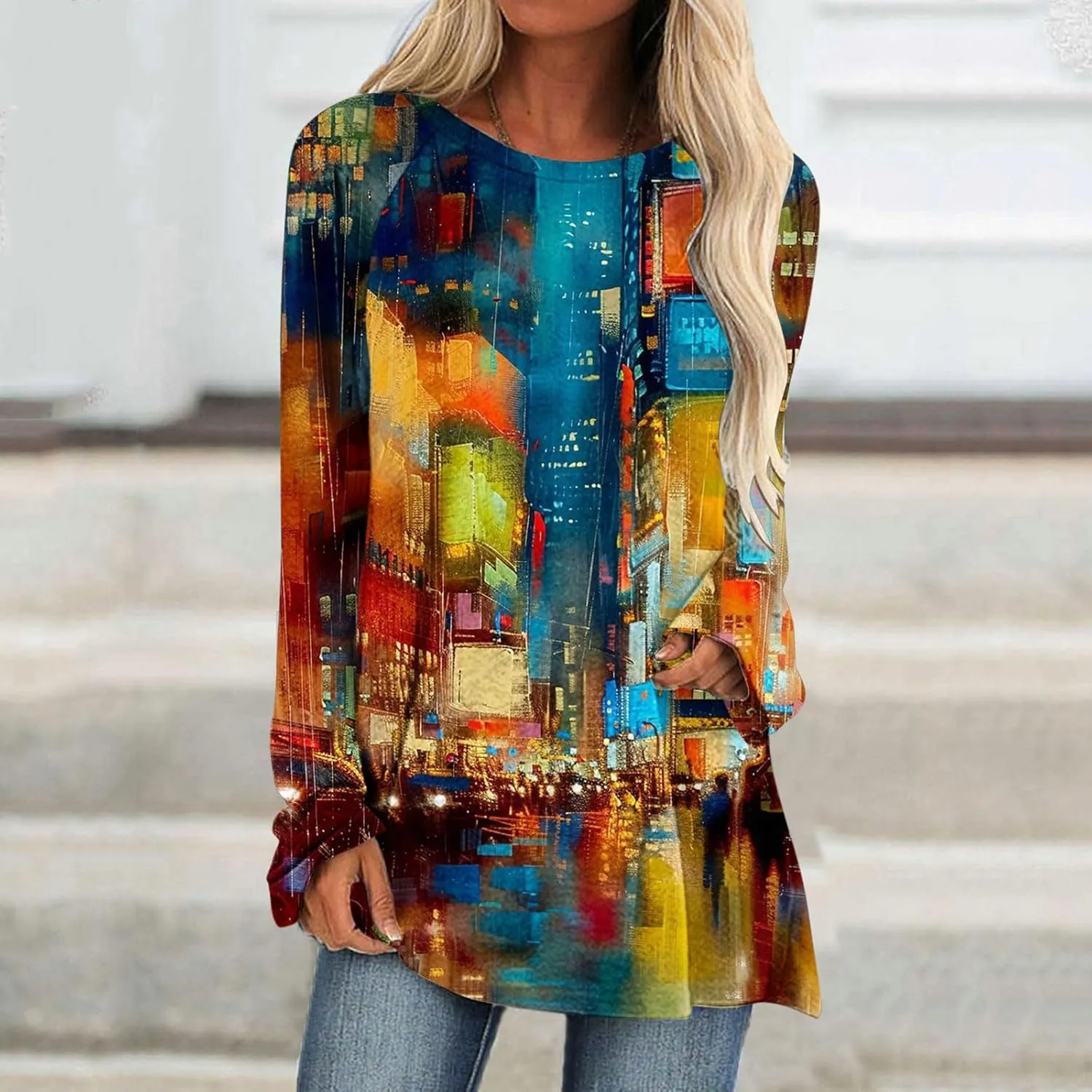 Women's Oversized Graphic Tops Long Sleeve Crewneck Blouses Fashion Tie Dye Print T-shirts Casual Relaxed Fit Tees
