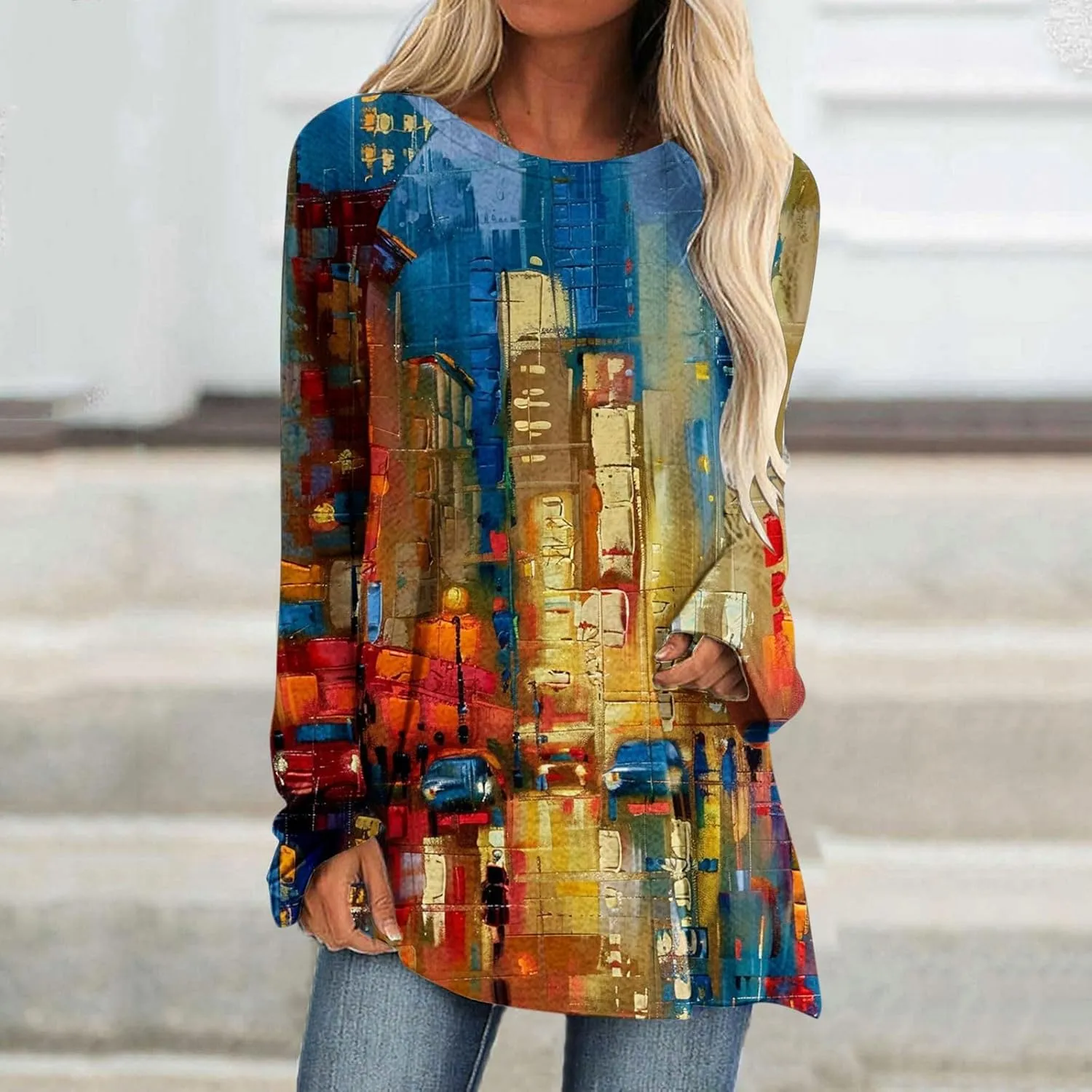 Women's Oversized Graphic Tops Long Sleeve Crewneck Blouses Fashion Tie Dye Print T-shirts Casual Relaxed Fit Tees