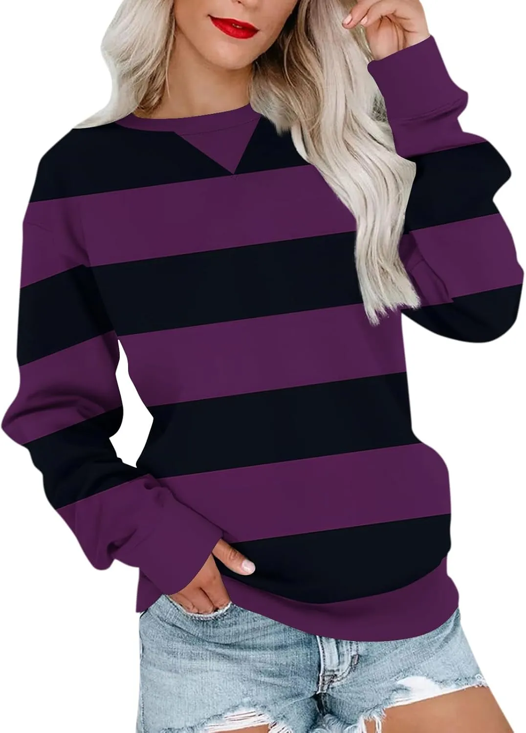 Women's Oversized Pullover Striped Sweatshirt Soft Crew Neck Fall Sweaters for Women Trendy 2024