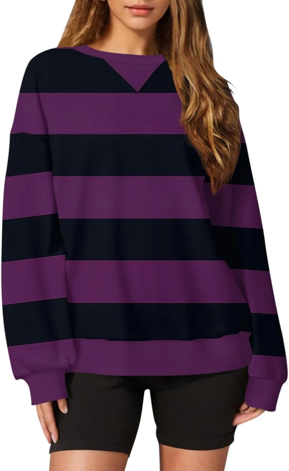 Women's Oversized Pullover Striped Sweatshirt Soft Crew Neck Fall Sweaters for Women Trendy 2024