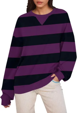 Women's Oversized Pullover Striped Sweatshirt Soft Crew Neck Fall Sweaters for Women Trendy 2024