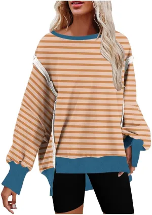 Women's Oversized Pullvoers Loose Fit Striped Drop Shoulder High Low Hem Patchwork Sweatshirt Casual Long Sleeve Tops