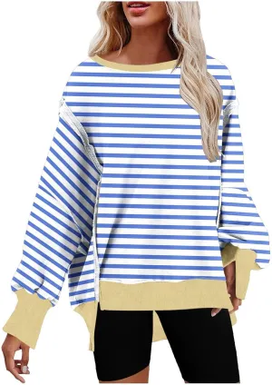 Women's Oversized Pullvoers Loose Fit Striped Drop Shoulder High Low Hem Patchwork Sweatshirt Casual Long Sleeve Tops