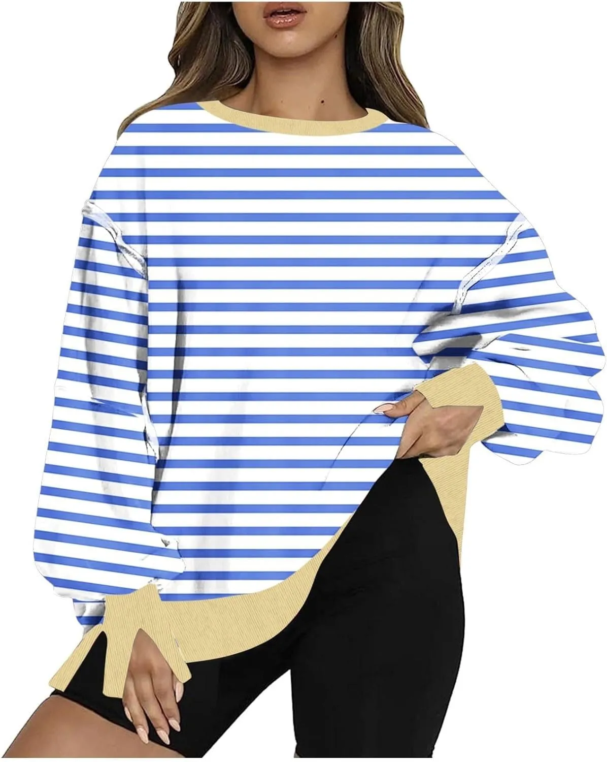 Women's Oversized Pullvoers Loose Fit Striped Drop Shoulder High Low Hem Patchwork Sweatshirt Casual Long Sleeve Tops