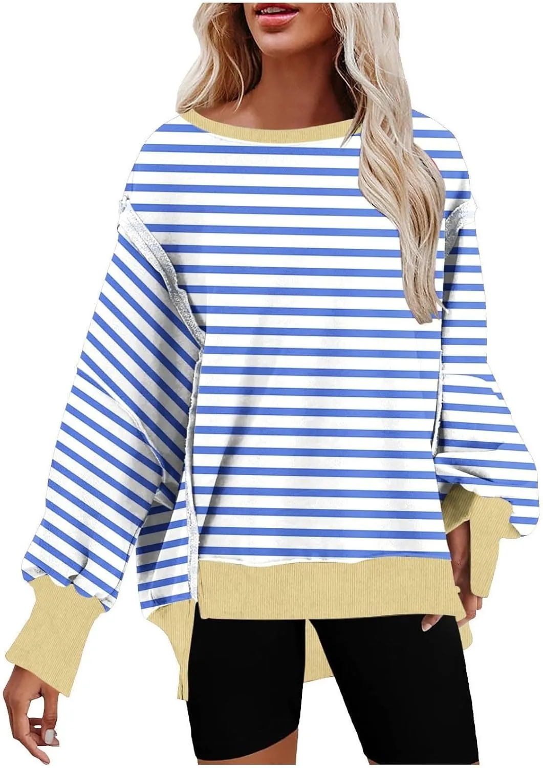 Women's Oversized Pullvoers Loose Fit Striped Drop Shoulder High Low Hem Patchwork Sweatshirt Casual Long Sleeve Tops