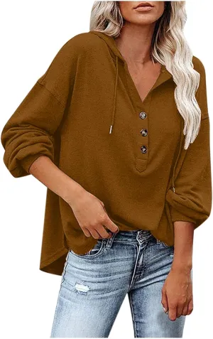 Womens Oversized Sweatshirt Hoodies Casual Button V Neck Hooded Pullover Long Sleeve Tops Comfortable Classic Shirt