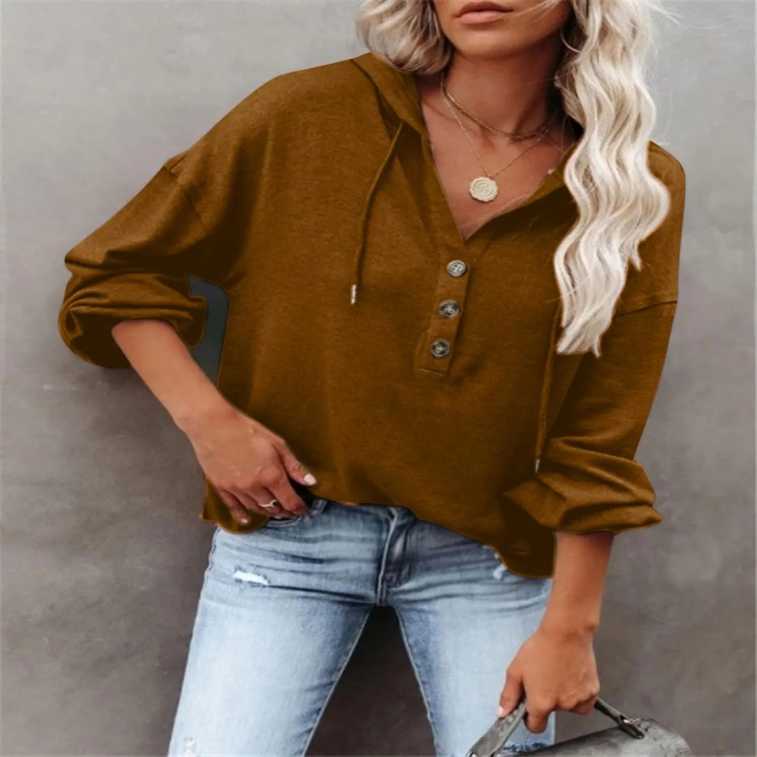 Womens Oversized Sweatshirt Hoodies Casual Button V Neck Hooded Pullover Long Sleeve Tops Comfortable Classic Shirt