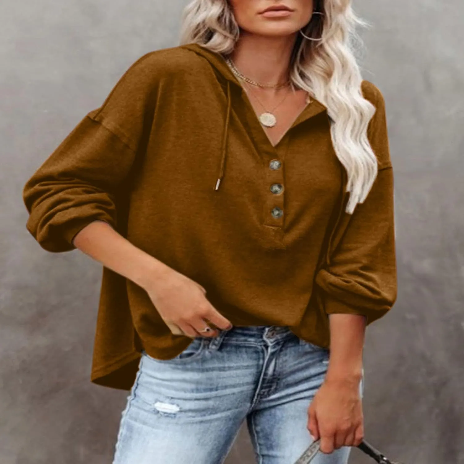 Womens Oversized Sweatshirt Hoodies Casual Button V Neck Hooded Pullover Long Sleeve Tops Comfortable Classic Shirt