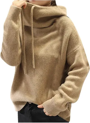 Womens Oversized Turtleneck Drawstring Pullover Sweaters Chunky Knit Long Sleeve Sweater Tops Casual Loose Fit Jumper Brown