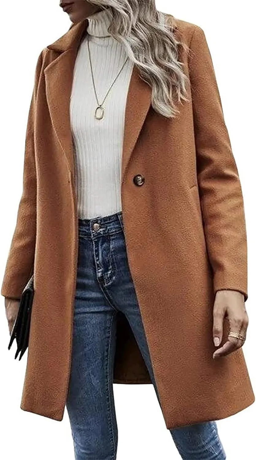 Womens Pea Coat Casual Notch Lapel Cardigan Coats Single Breasted Open Front Wool Coats 2024 Fall Winter Overcoat