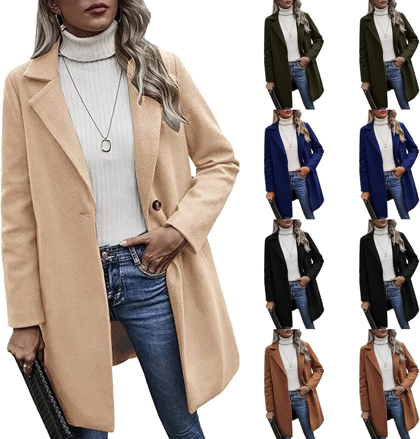 Womens Pea Coat Casual Notch Lapel Cardigan Coats Single Breasted Open Front Wool Coats 2024 Fall Winter Overcoat