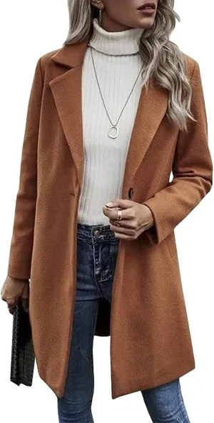 Womens Pea Coat Casual Notch Lapel Cardigan Coats Single Breasted Open Front Wool Coats 2024 Fall Winter Overcoat