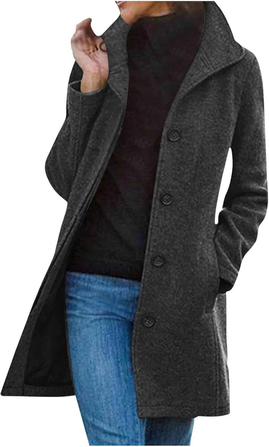 Womens Pea Coat Casual Thicken Wool Blend Stand Collar Trench Coats Single Breasted Mid-Long Peacoat Jackets