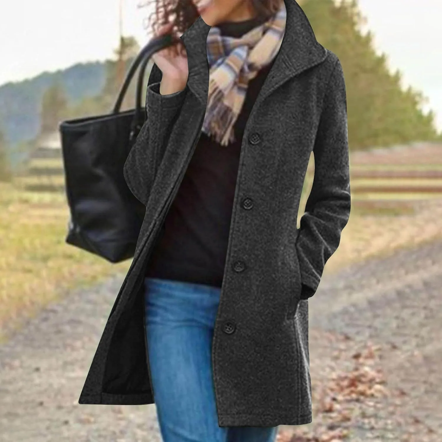 Womens Pea Coat Casual Thicken Wool Blend Stand Collar Trench Coats Single Breasted Mid-Long Peacoat Jackets