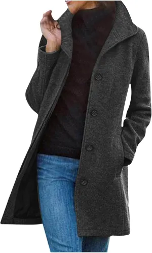 Womens Pea Coat Casual Thicken Wool Blend Stand Collar Trench Coats Single Breasted Mid-Long Peacoat Jackets