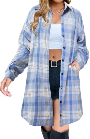 Womens Plaid Shacket Jacket Long Sleeve Button Down Shirt Oversized Lightweight Boyfriend Jacket Fall Fashion Coat