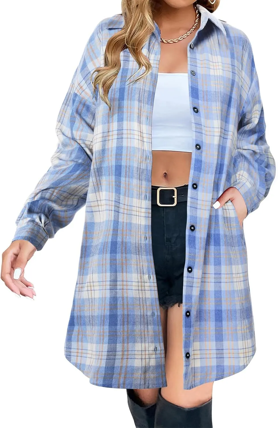 Womens Plaid Shacket Jacket Long Sleeve Button Down Shirt Oversized Lightweight Boyfriend Jacket Fall Fashion Coat