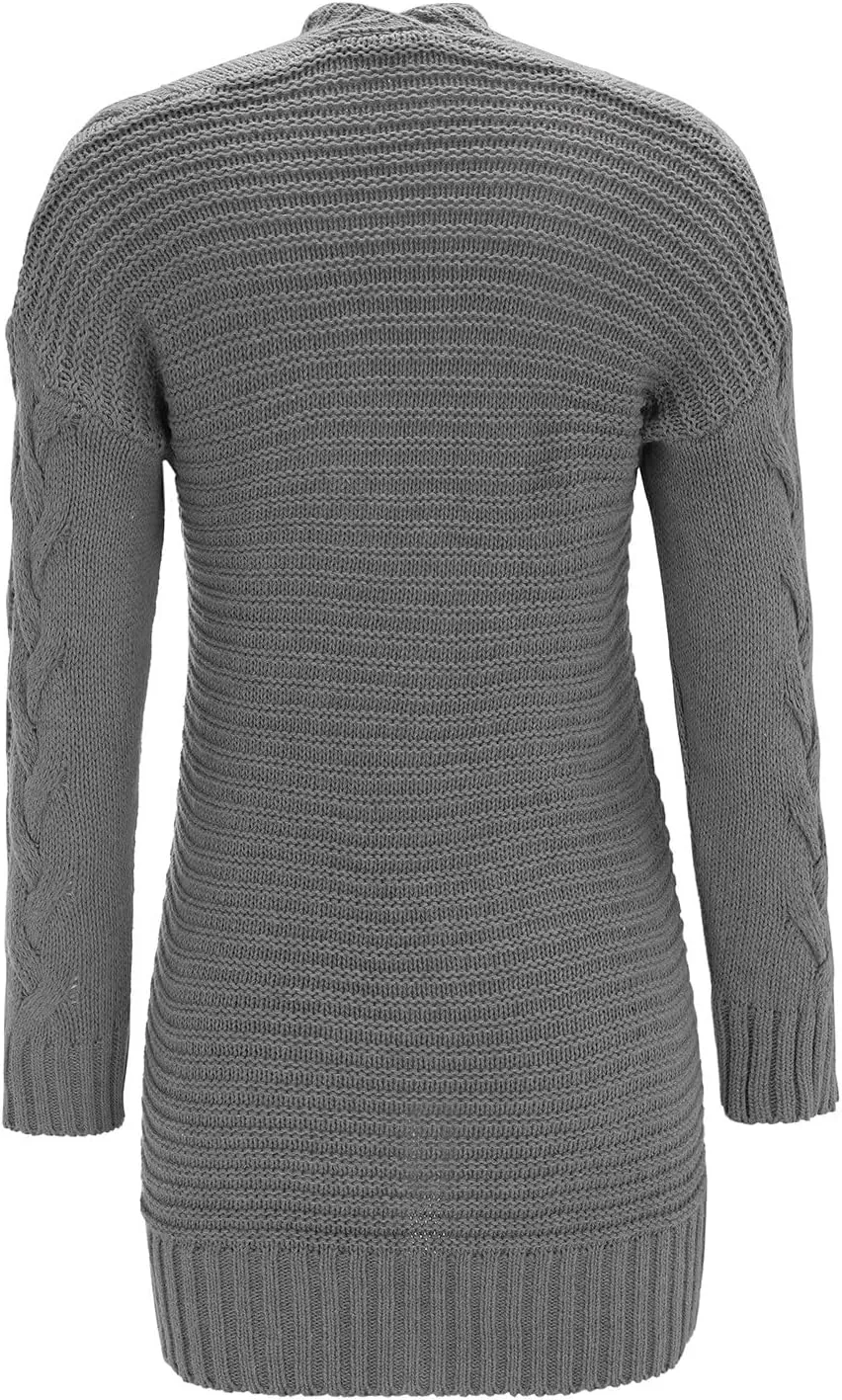 Womens Plain Chunky Open Front Cardigan with Hood Oversized Cable Knit Sweaters Solid Color Long Sweater Coats