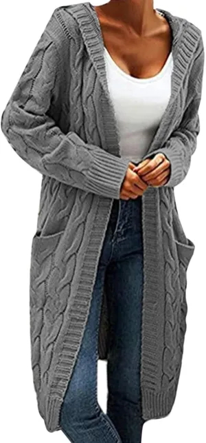 Womens Plain Chunky Open Front Cardigan with Hood Oversized Cable Knit Sweaters Solid Color Long Sweater Coats