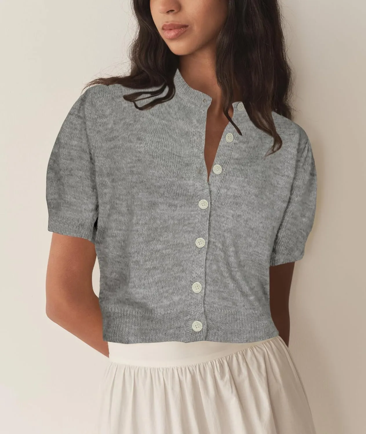 Womens Puff Short Sleeve Cardigan Sweaters Cropped Button up Thin Lightweight Y2k Knit Summer Cardigans