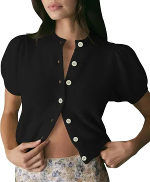 Womens Puff Short Sleeve Cardigan Sweaters Cropped Button up Thin Lightweight Y2k Knit Summer Cardigans