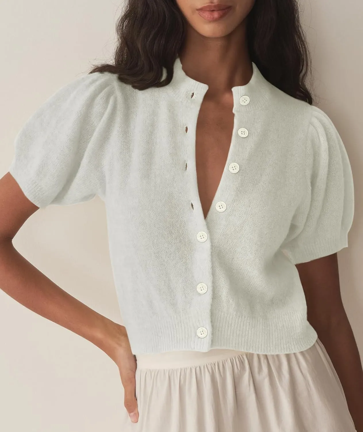 Womens Puff Short Sleeve Cardigan Sweaters Cropped Button up Thin Lightweight Y2k Knit Summer Cardigans