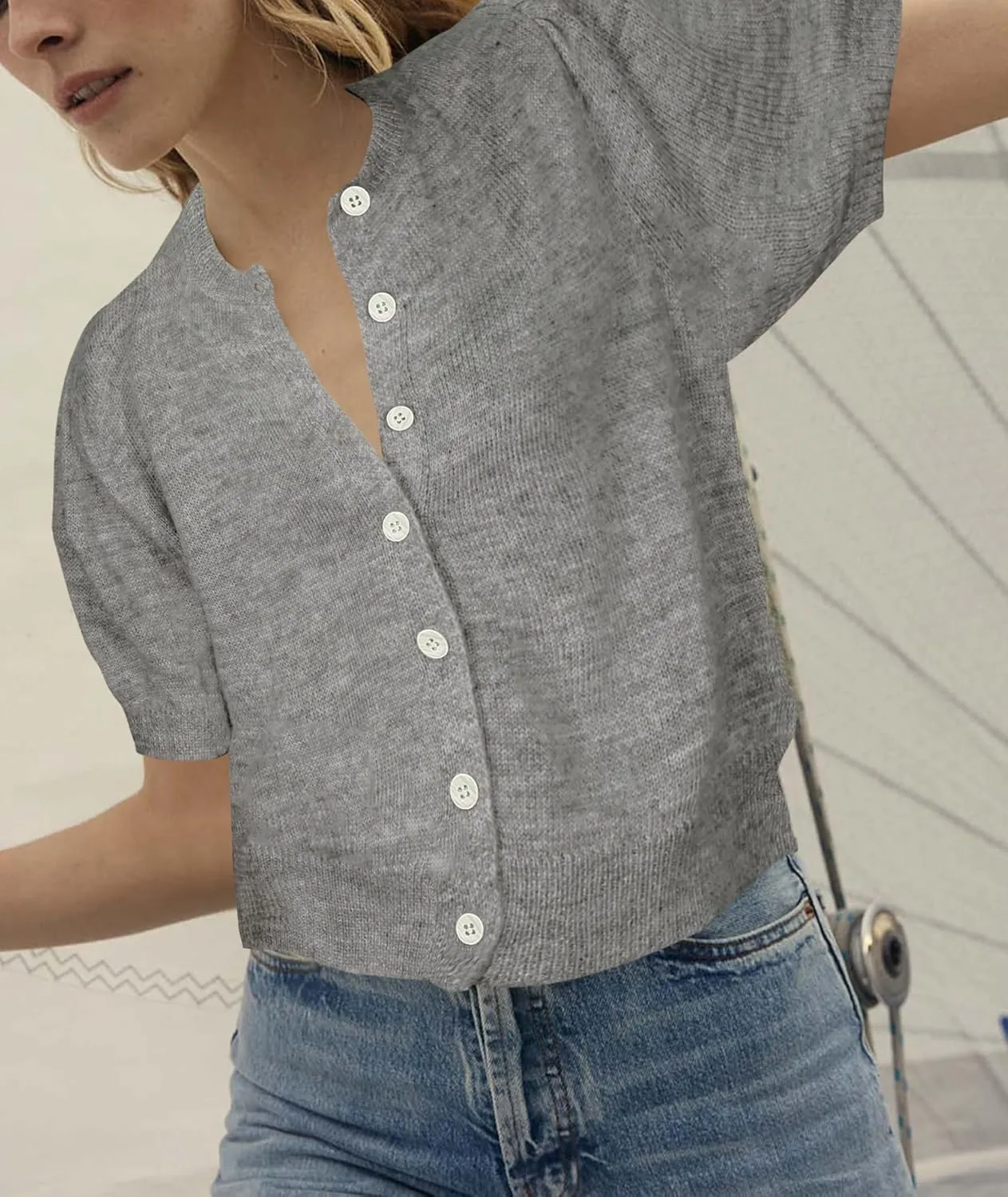 Womens Puff Short Sleeve Cardigan Sweaters Cropped Button up Thin Lightweight Y2k Knit Summer Cardigans