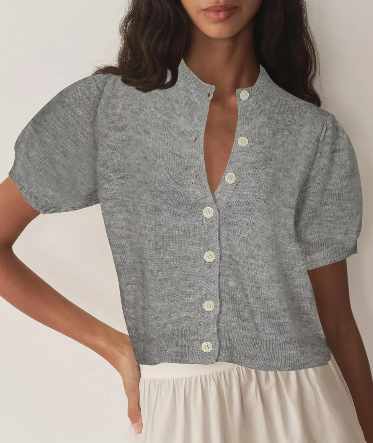 Womens Puff Short Sleeve Cardigan Sweaters Cropped Button up Thin Lightweight Y2k Knit Summer Cardigans