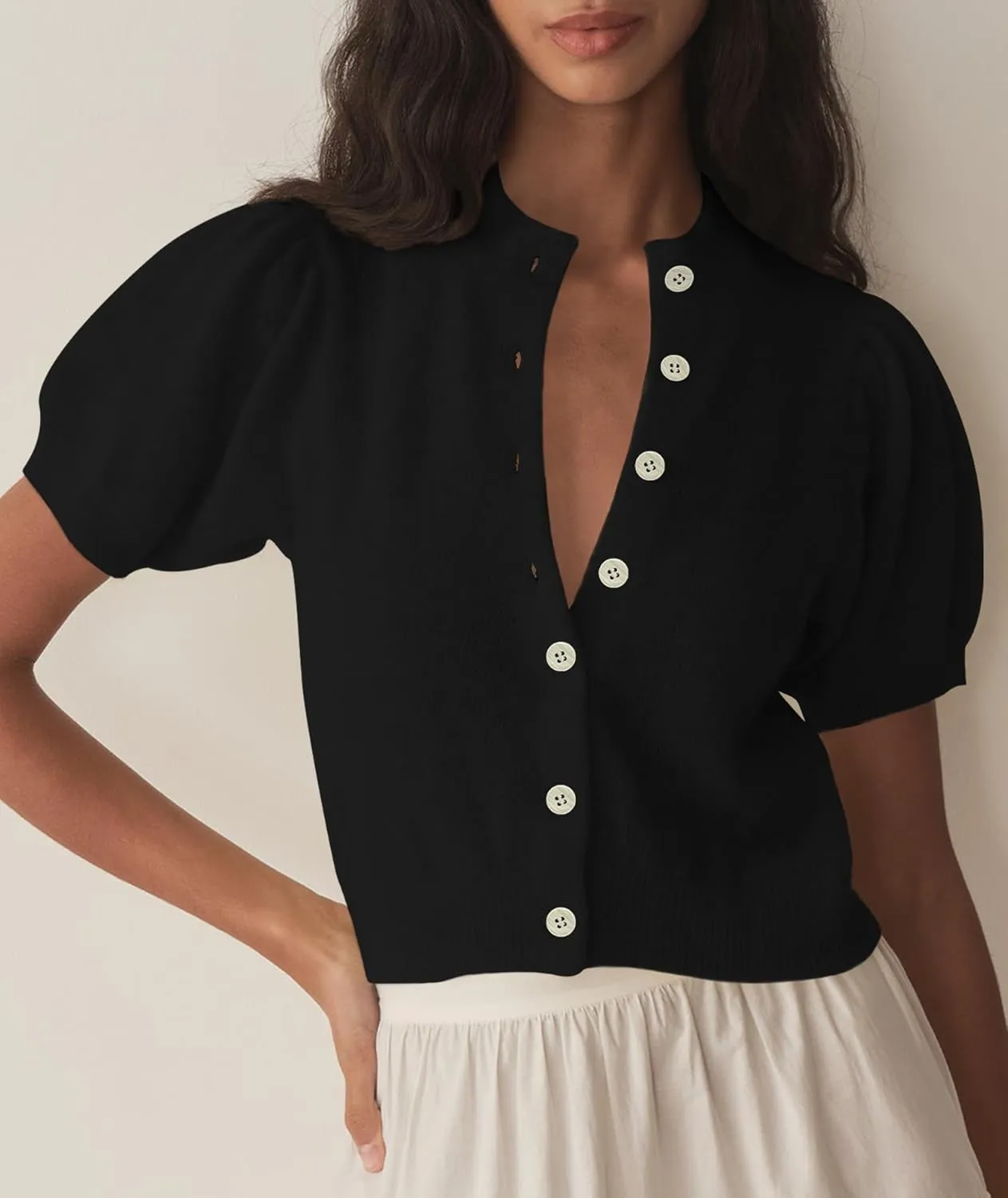 Womens Puff Short Sleeve Cardigan Sweaters Cropped Button up Thin Lightweight Y2k Knit Summer Cardigans