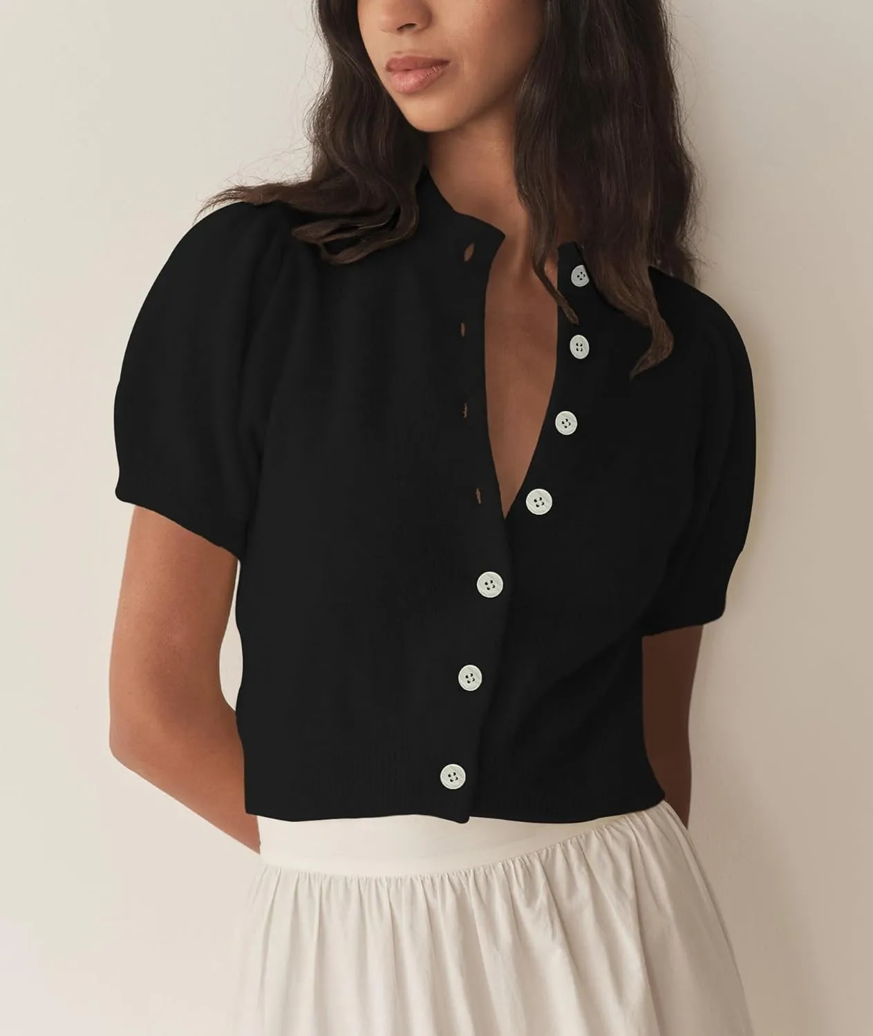 Womens Puff Short Sleeve Cardigan Sweaters Cropped Button up Thin Lightweight Y2k Knit Summer Cardigans