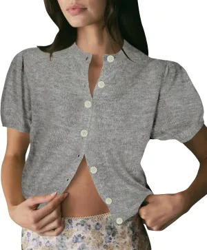 Womens Puff Short Sleeve Cardigan Sweaters Cropped Button up Thin Lightweight Y2k Knit Summer Cardigans
