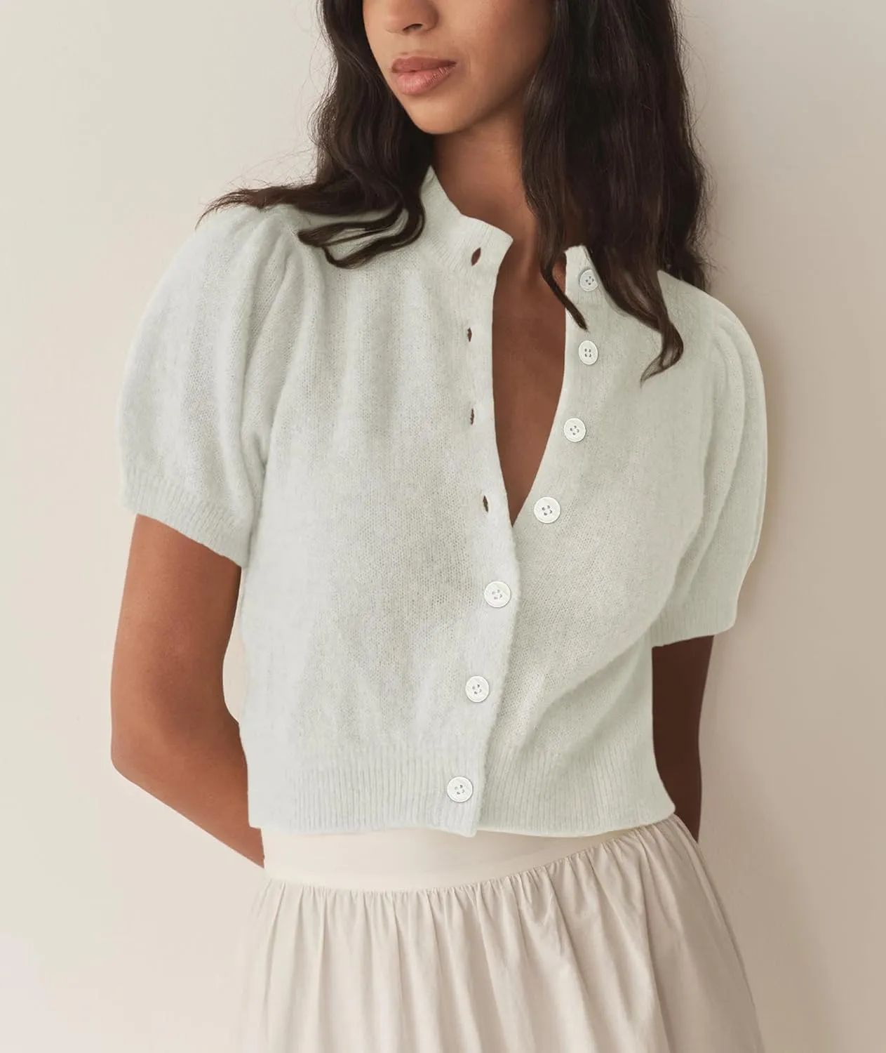 Womens Puff Short Sleeve Cardigan Sweaters Cropped Button up Thin Lightweight Y2k Knit Summer Cardigans