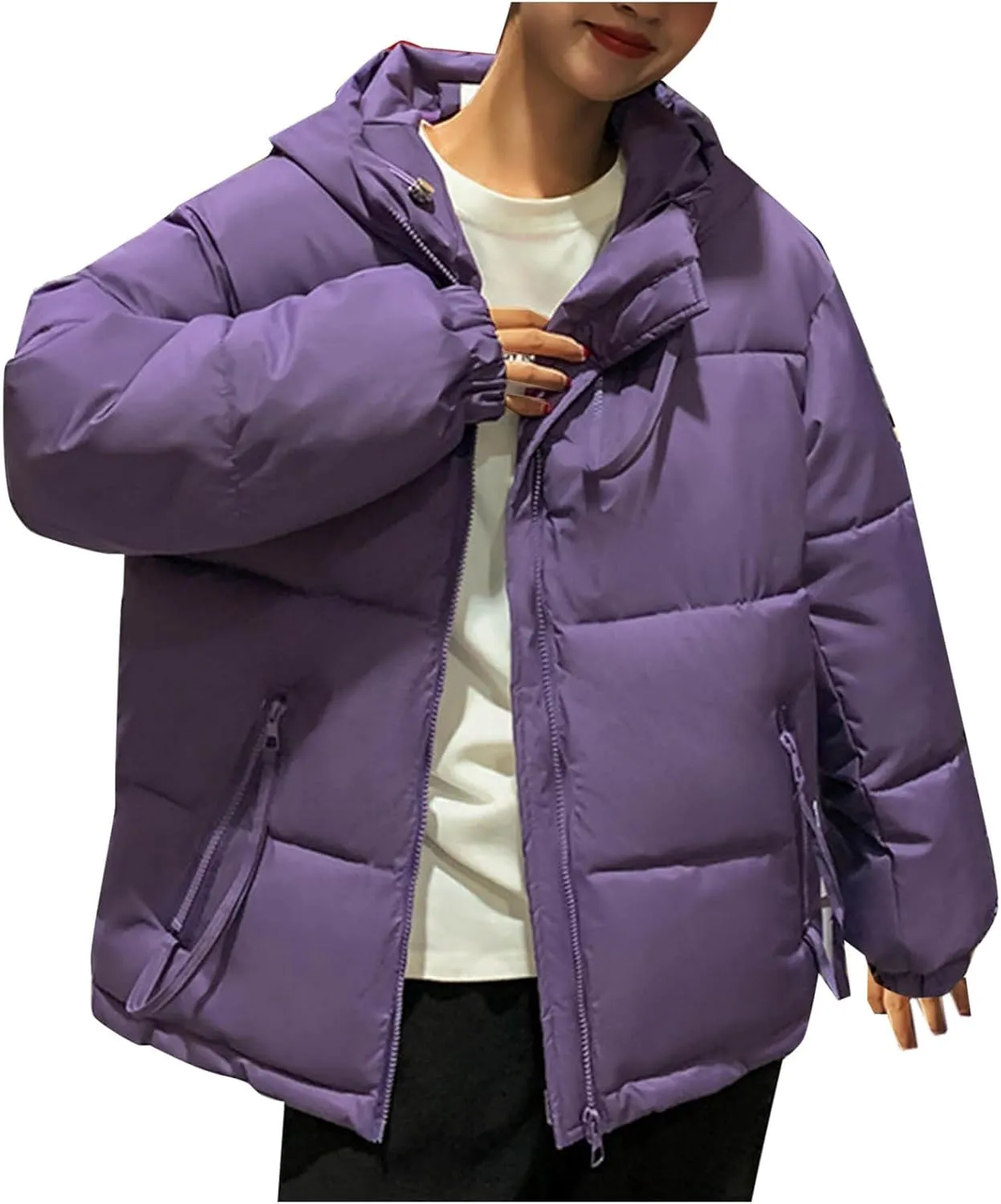 Women's Quilted Jackets Zip Up Down Open Winter Hooded Puffer Jackets Stand Collar Solid Color Quilted Outerwear