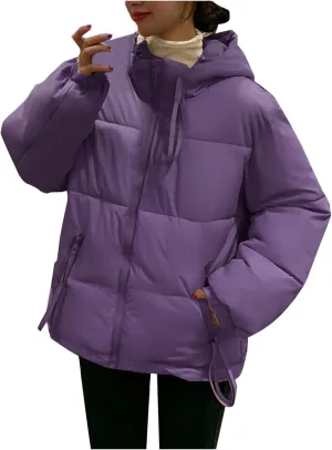 Women's Quilted Jackets Zip Up Down Open Winter Hooded Puffer Jackets Stand Collar Solid Color Quilted Outerwear