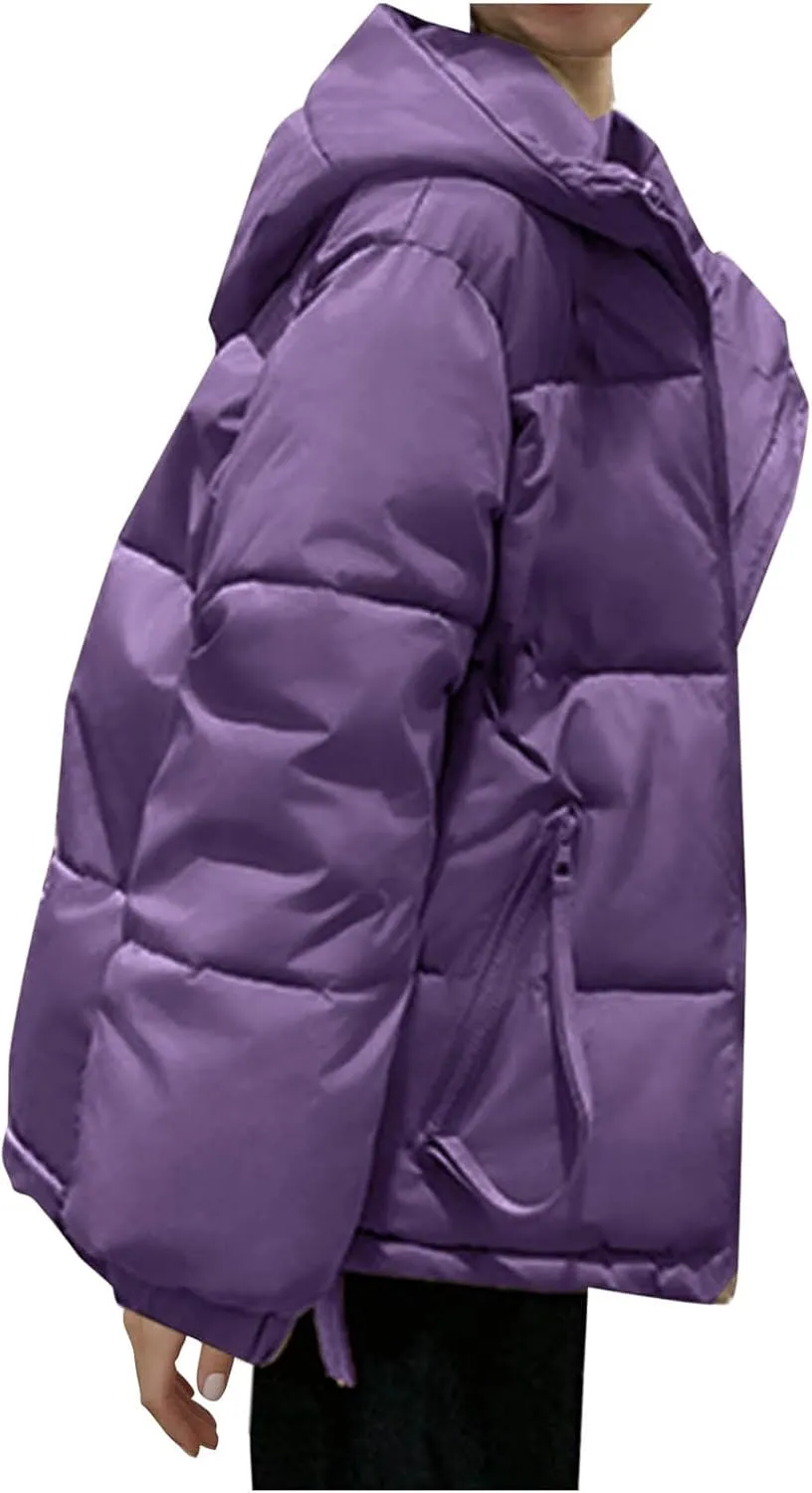 Women's Quilted Jackets Zip Up Down Open Winter Hooded Puffer Jackets Stand Collar Solid Color Quilted Outerwear