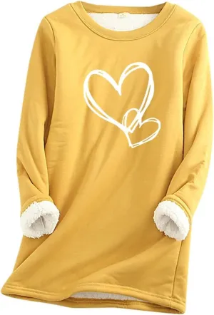 Womens Sherpa Lined Sweatshirt Fleece Warm Crewneck Long Sleeve Heart Graphic Soft Pullover Winter Thermal Loungewear