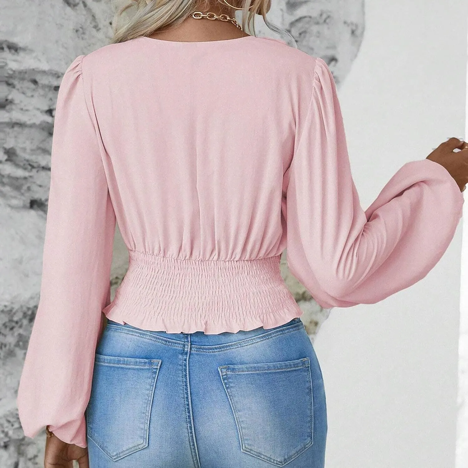 Women's Solid Colour Hoodies Waisted V-Neck Long lantern Sleeve Tops Casual Cropped Fashion Fall Outfits 2024