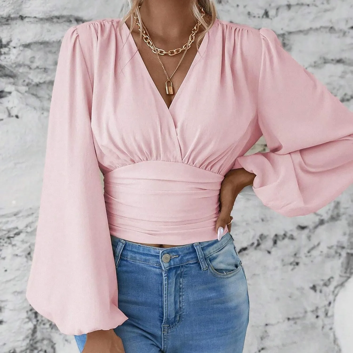 Women's Solid Colour Hoodies Waisted V-Neck Long lantern Sleeve Tops Casual Cropped Fashion Fall Outfits 2024