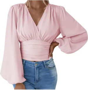 Women's Solid Colour Hoodies Waisted V-Neck Long lantern Sleeve Tops Casual Cropped Fashion Fall Outfits 2024