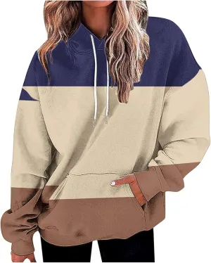 Womens Striped Hoodies Color Block Drawstring Hoodie Oversized Pullover Casual Fall Fashion Loose Fit Sweatshirt