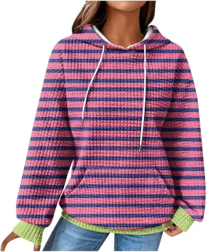 Womens Striped Hoodies Drawstring Fall Fashion Long Sleeve Sweatshirts Color Block Loose Pullover Tops with Pockets