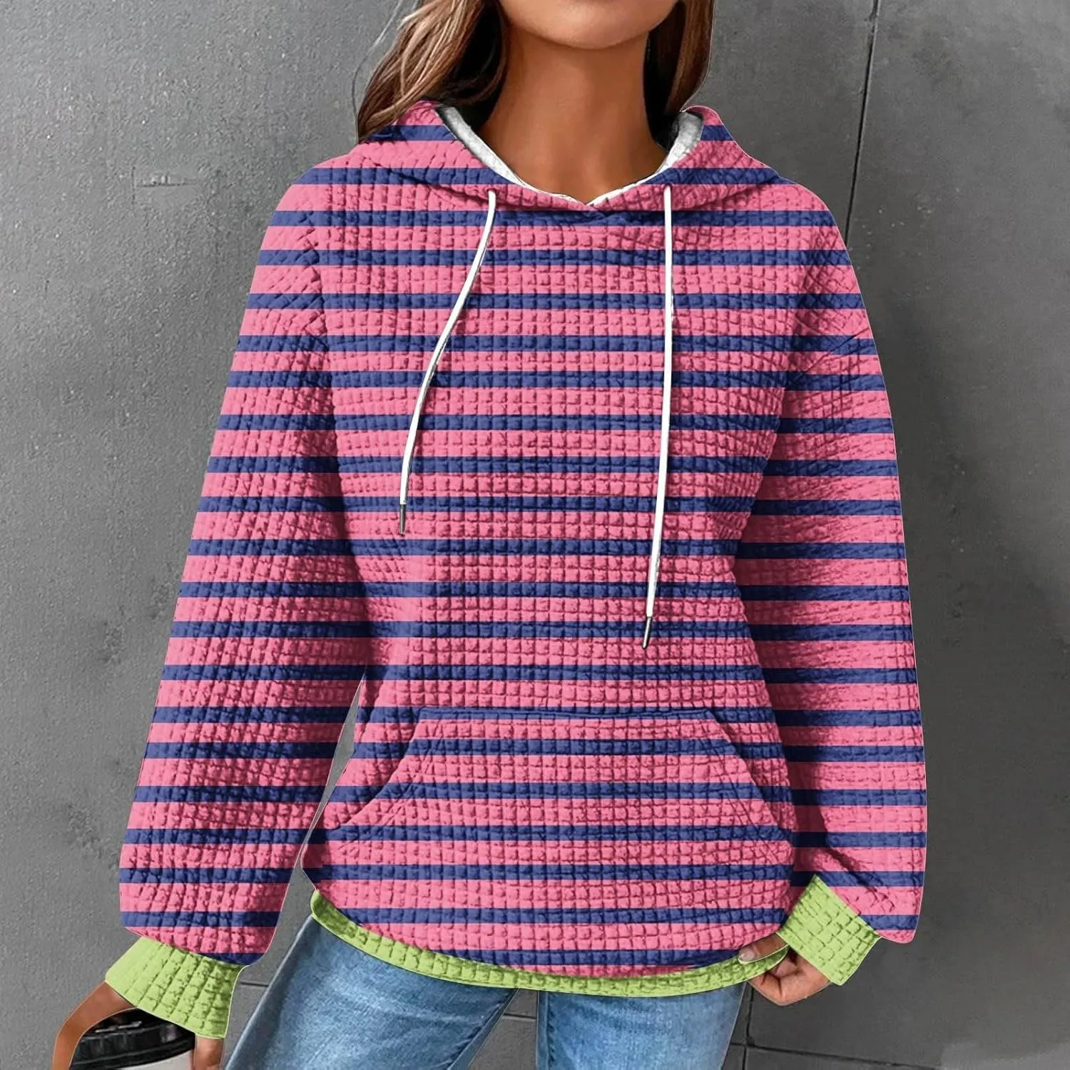 Womens Striped Hoodies Drawstring Fall Fashion Long Sleeve Sweatshirts Color Block Loose Pullover Tops with Pockets